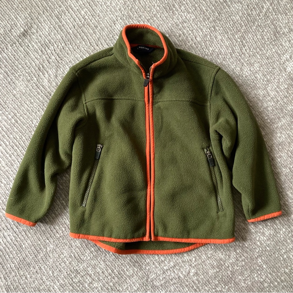 Lands’‎ End Kids Fleece Jacket Olive Green Orange Trim Zip Up Size 4 S Warm